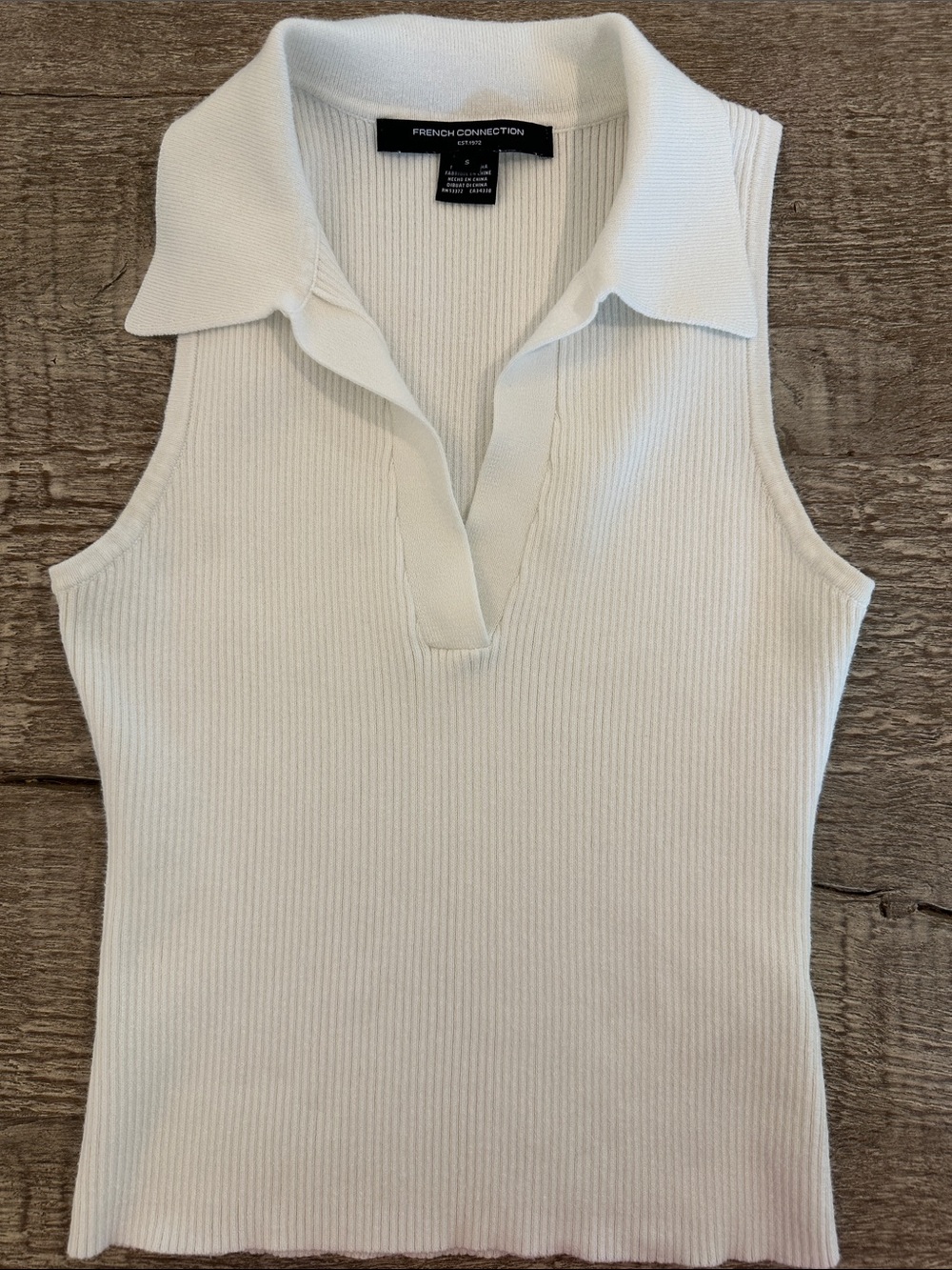 French Connection Cream Ribbed Sleeveless Polo Tank